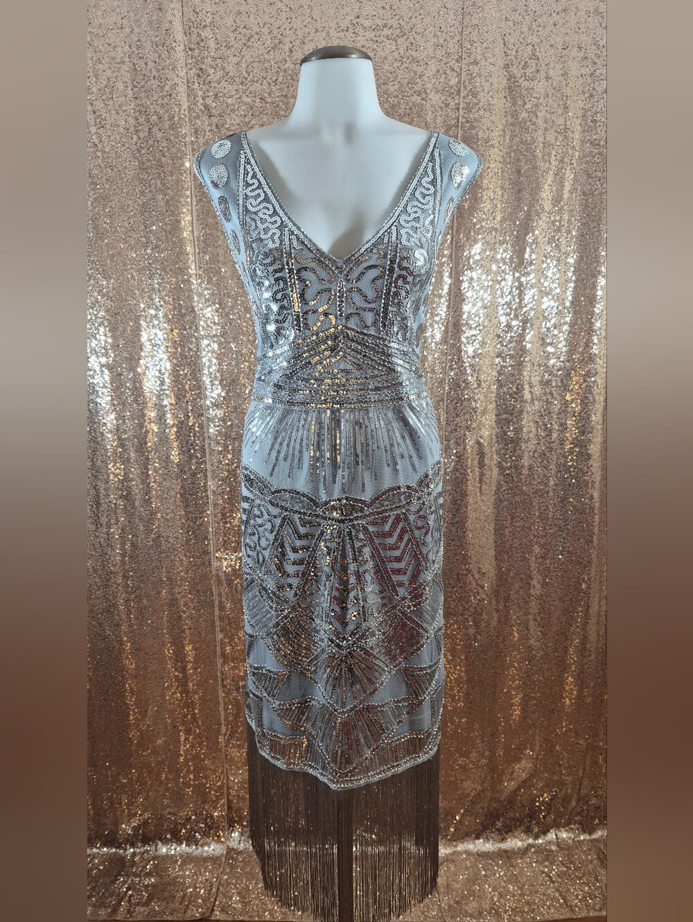 1920s Flapper Dress Silver Gold Sequin Art Deco Gatsby Fringe Gown Plus Size NEW